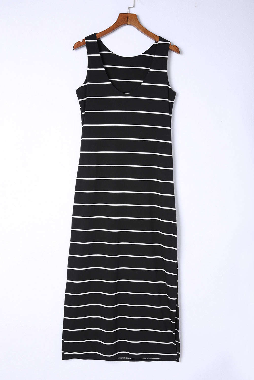 Black Stripe Print Open Back Sleeveless Long Dress with Slits Maxi Dresses JT's Designer Fashion