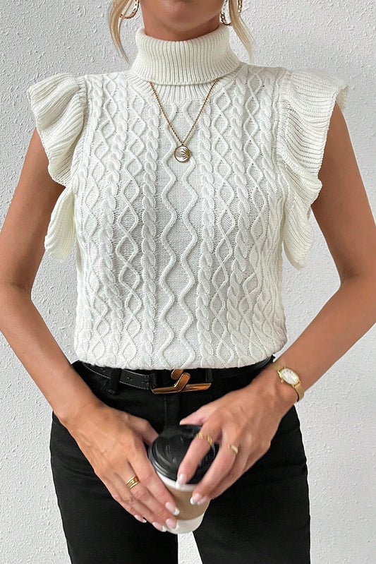 Bright White Cable Knit Ruffled Short Sleeve Turtle Neck Sweater Sweaters & Cardigans JT's Designer Fashion