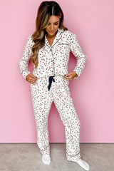 White Contrast Pipping Star Print Long Sleeve and Pants Pajamas Set Loungewear JT's Designer Fashion
