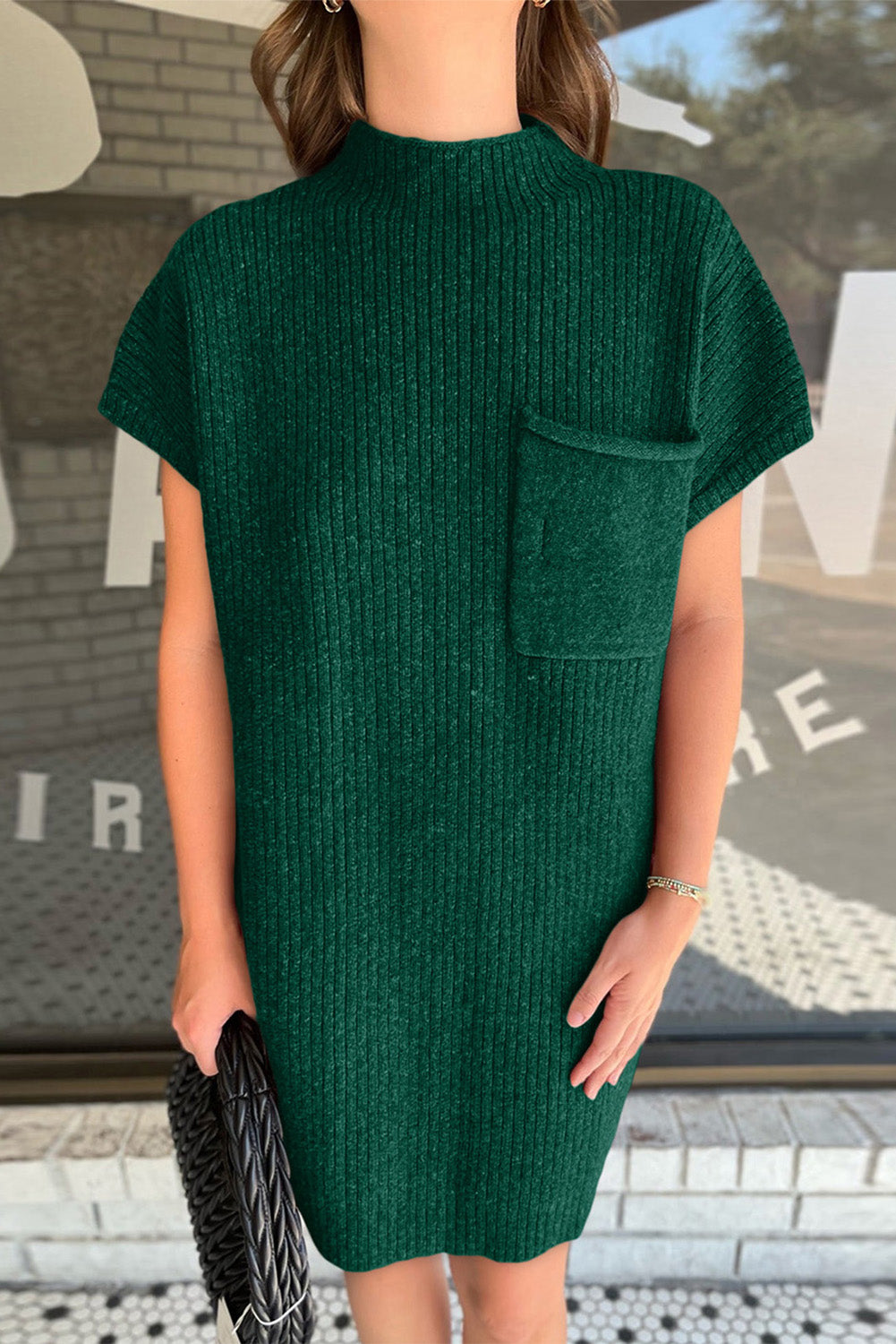 Blackish Green Patch Pocket Ribbed Knit Short Sleeve Sweater Dress Dresses JT's Designer Fashion