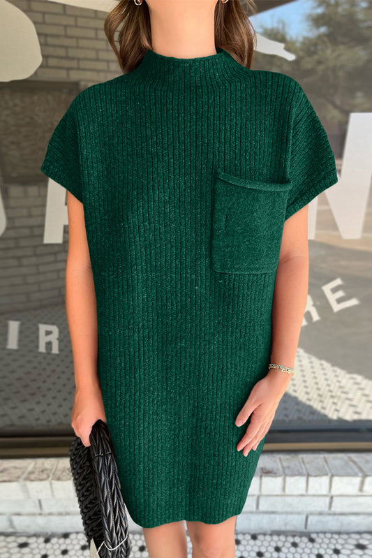 Blackish Green Patch Pocket Ribbed Knit Short Sleeve Sweater Dress Dresses JT's Designer Fashion