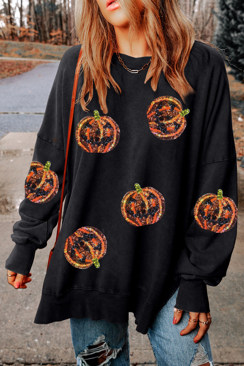 Black Sequined Jack O Lantern Split Hem Baggy Sweatshirt Graphic Sweatshirts JT's Designer Fashion