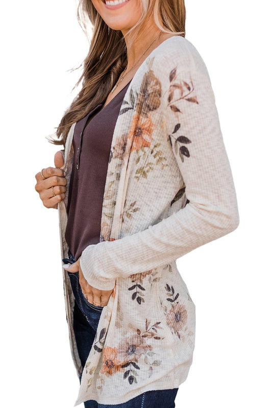 Apricot Floral Ribbed Knit Slim Fit Cardigan Sweaters & Cardigans JT's Designer Fashion