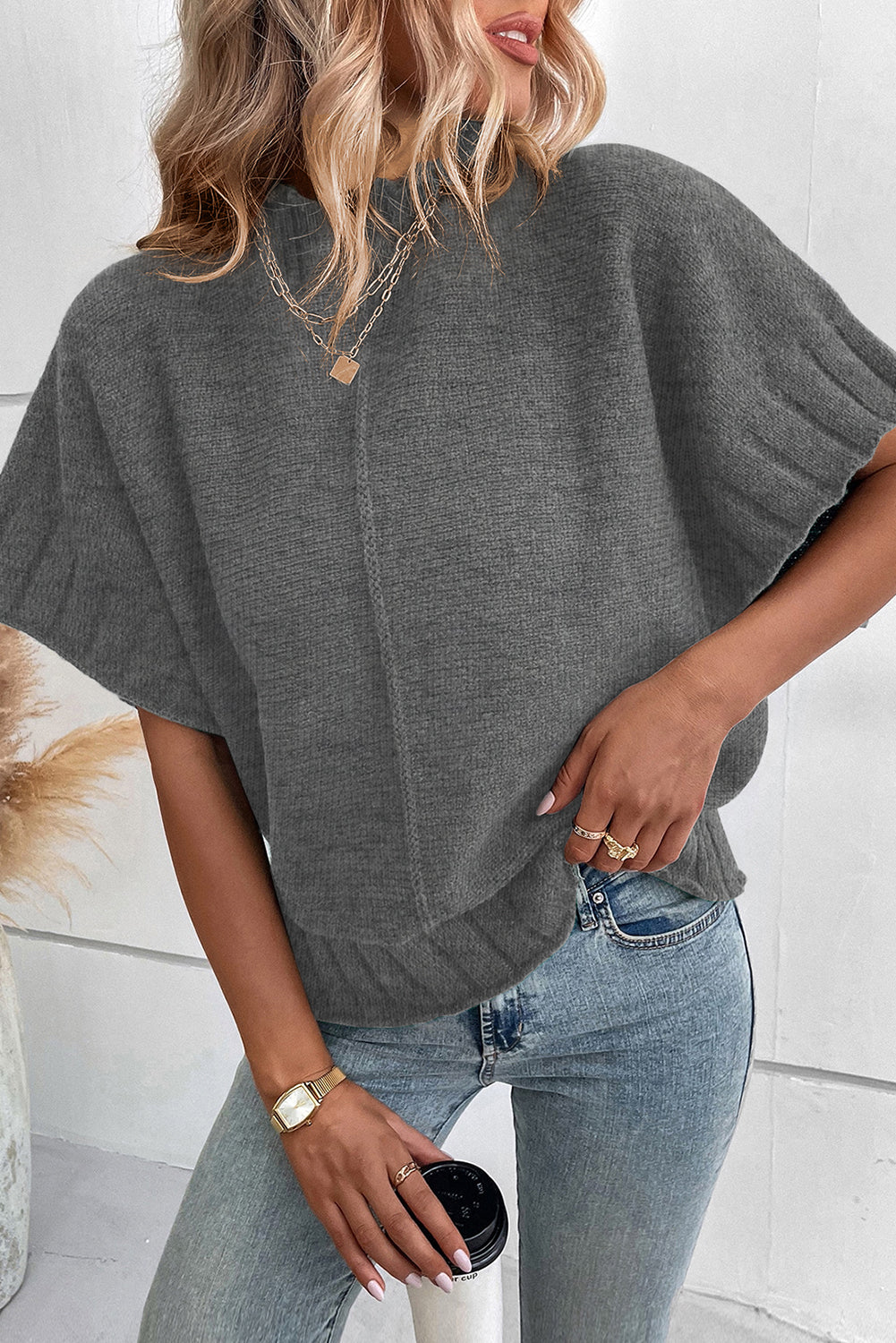Medium Grey Mock Neck Batwing Short Sleeve Knit Sweater Sweaters & Cardigans JT's Designer Fashion