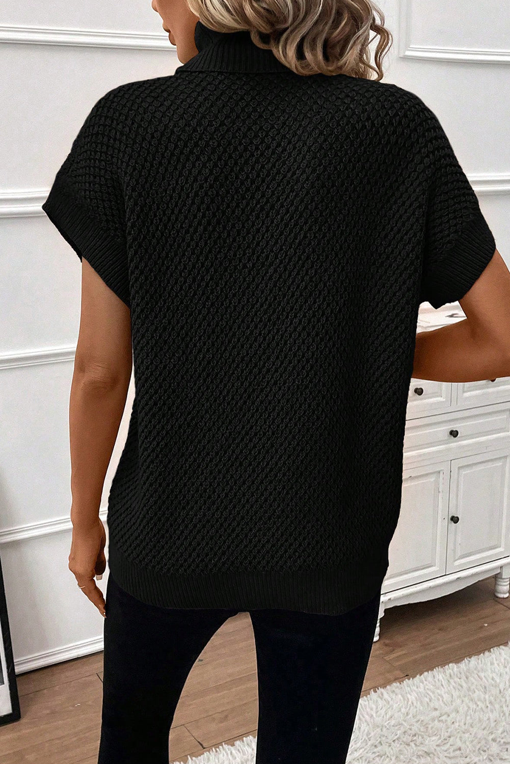 Black Ribbed Turtleneck Textured Short Sleeve Sweater Sweaters & Cardigans JT's Designer Fashion