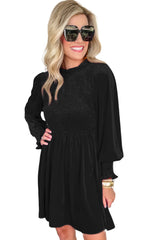 Black Frilled Neck Smocked Bodice Velvet Dress Dresses JT's Designer Fashion