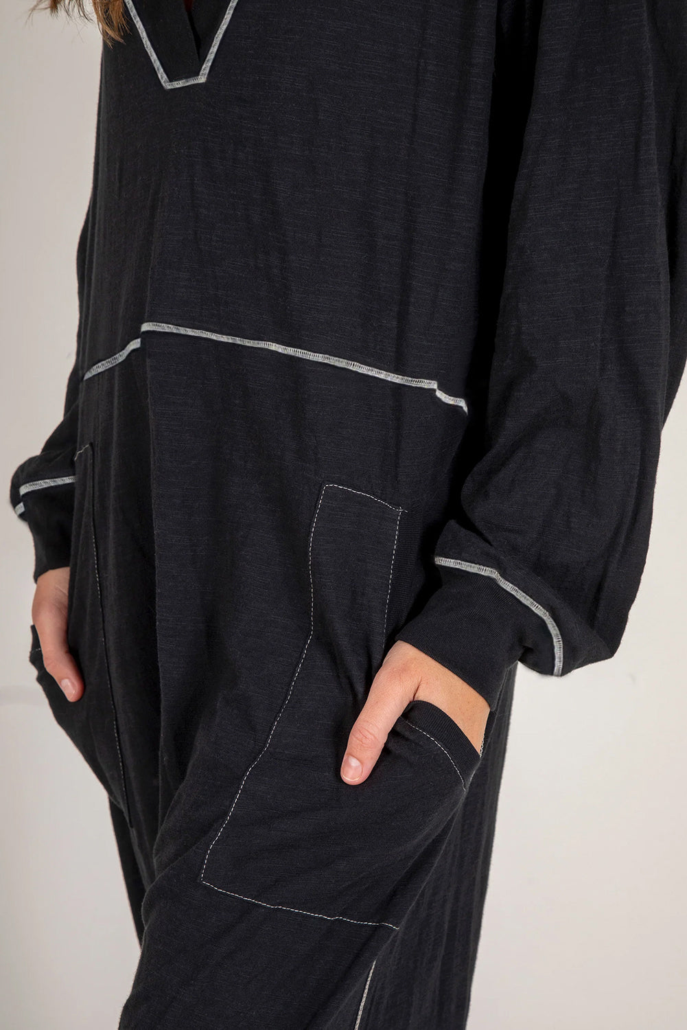 Black Flatlock Seam Detail V Neck Baggy Jumpsuit Jumpsuits & Rompers JT's Designer Fashion