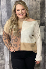 Multicolor Leopard Cable Knit Mix Patchwork Cutout Plus Top Plus Size JT's Designer Fashion