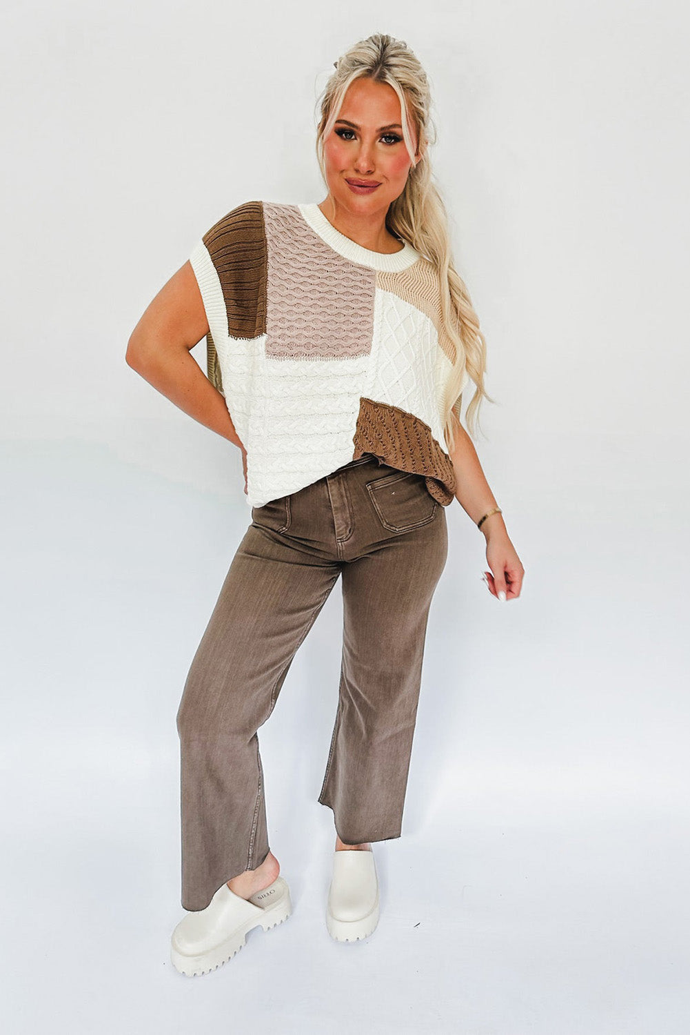 Multicolor Mixed Patterned Colorblock Textured Sweater Vest Sweaters & Cardigans JT's Designer Fashion