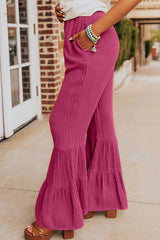 Rose Green Textured High Waist Ruffled Bell Bottom Pants Bottoms JT's Designer Fashion