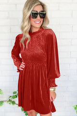 Clay Red Frilled Neck Smocked Bodice Velvet Dress Dresses JT's Designer Fashion