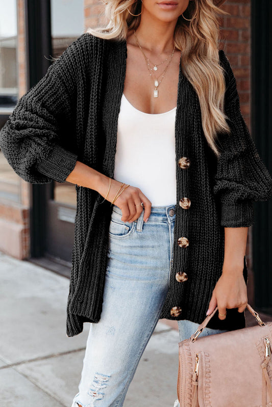 Black Buttoned Front Drop Shoulder Knitted Cardigan Sweaters & Cardigans JT's Designer Fashion