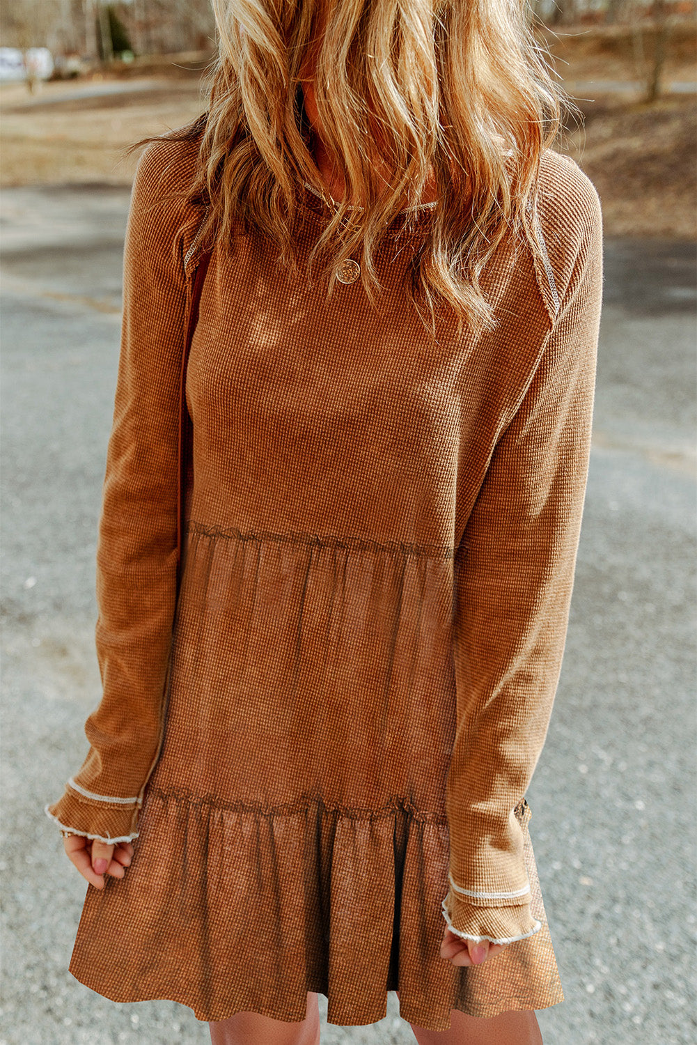 Chestnut Textured Tiered Ruffled Long Sleeve Mini Dress Dresses JT's Designer Fashion