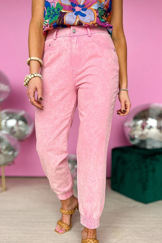 Pink Acid Wash Elastic Cuffed High Waist Jeans Bottoms JT's Designer Fashion