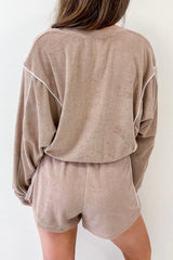 Khaki Exposed Seam Long Sleeve High Waist Shorts Set Bottoms JT's Designer Fashion