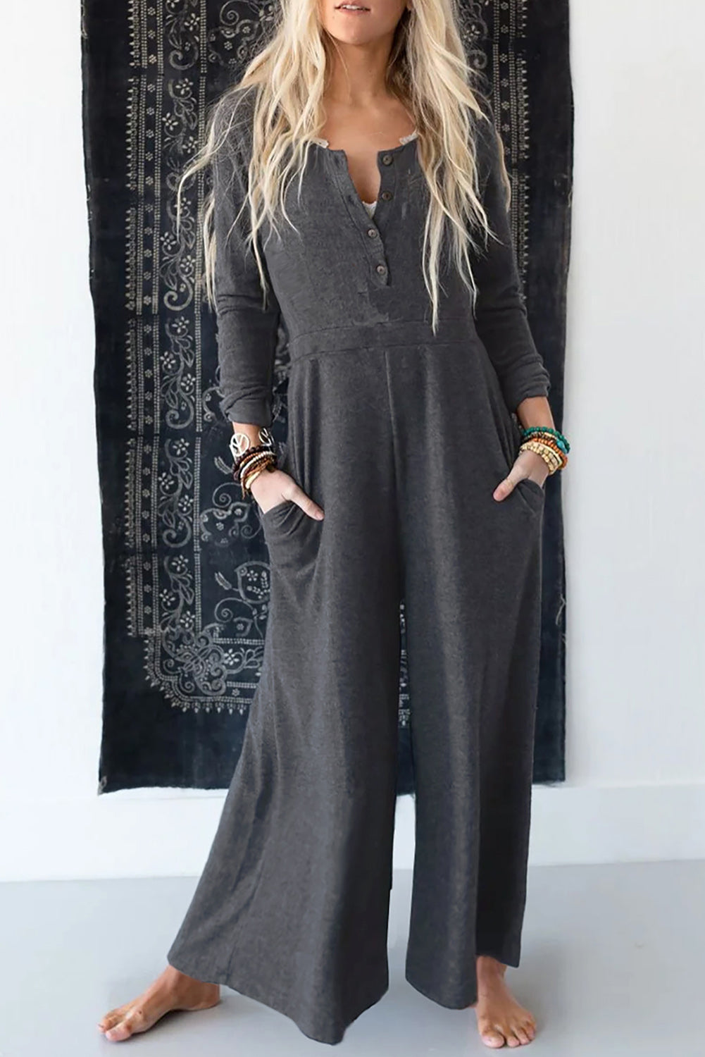 Gray Button Long Sleeve Wide Leg Jumpsuit Gray 85%Polyester+10%Cotton+5%Elastane Jumpsuits & Rompers JT's Designer Fashion