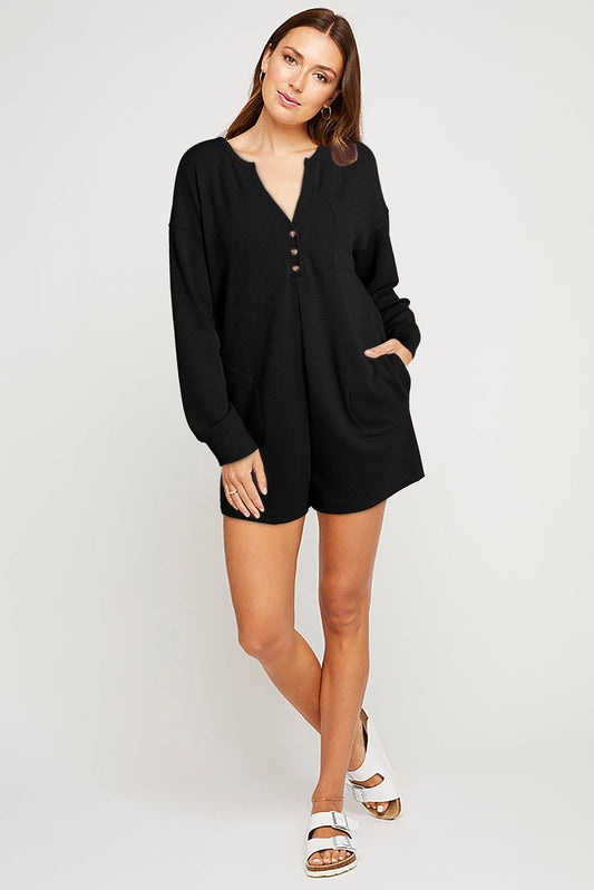 Black Brushed Ribbed Button Split V Neck Long Sleeve Romper Bottoms JT's Designer Fashion
