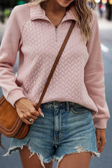 Apricot Powder Textured Quarter Zip Raglan Sleeve Sweatshirt Sweatshirts & Hoodies JT's Designer Fashion