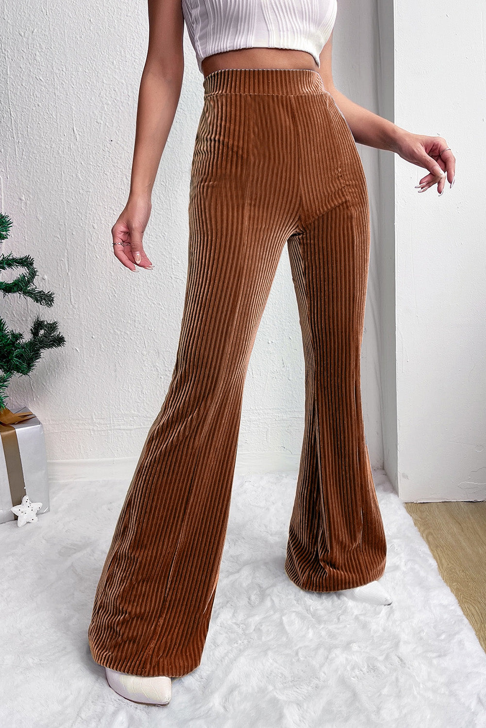 Chestnut Solid Color High Waist Corduroy Flare Pants Bottoms JT's Designer Fashion