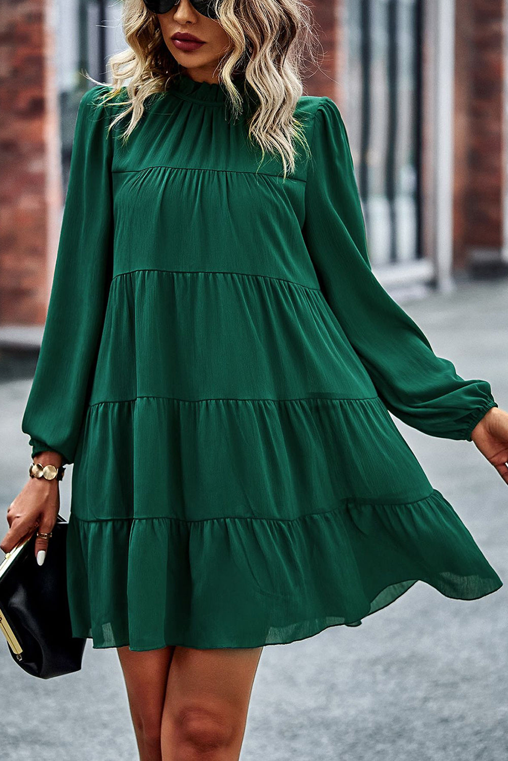 Green Puff Sleeve Mock Neck Back Knot Tiered Dress Mini Dresses JT's Designer Fashion