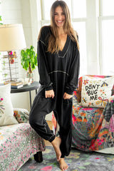 Black Flatlock Seam Detail V Neck Baggy Jumpsuit Jumpsuits & Rompers JT's Designer Fashion