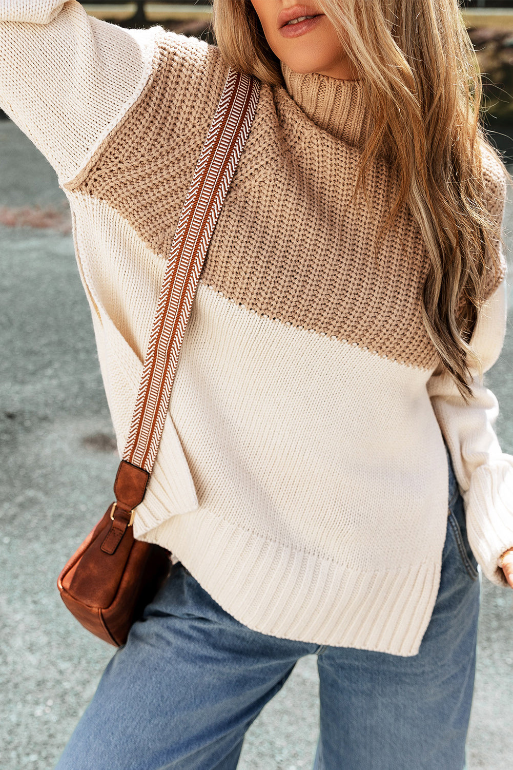 Parchment Cable Knit Color Block Side Splits Mock Neck Sweater Sweaters & Cardigans JT's Designer Fashion