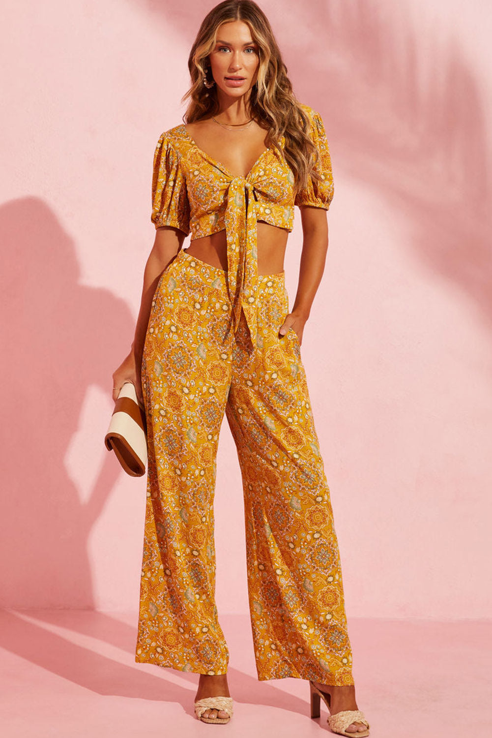 Yellow Bohemian Print Pocketed Wide Leg Pants Bottoms JT's Designer Fashion