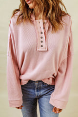 Pink Casual Button Solid Patchwork Trim Hoodie Sweatshirts & Hoodies JT's Designer Fashion