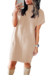 Oatmeal Patch Pocket Ribbed Knit Short Sleeve Sweater Dress Dresses JT's Designer Fashion