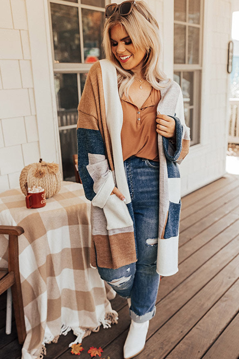 Multicolor Plus Size Colorblock Knit Cardigan Plus Size JT's Designer Fashion