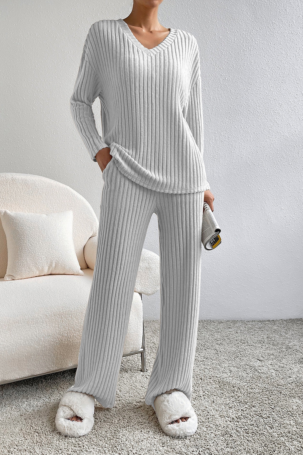 Light Grey Ribbed Knit V Neck Slouchy Two-piece Outfit Bottoms JT's Designer Fashion