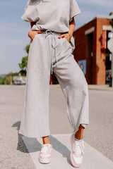 Gray Textured Loose Fit T Shirt and Drawstring Pants Set Bottoms JT's Designer Fashion
