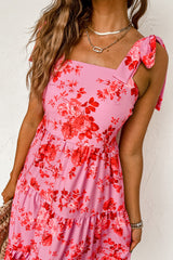 Pink Tie Shoulder Straps Floral Ruffle Tiered Dress Dresses JT's Designer Fashion