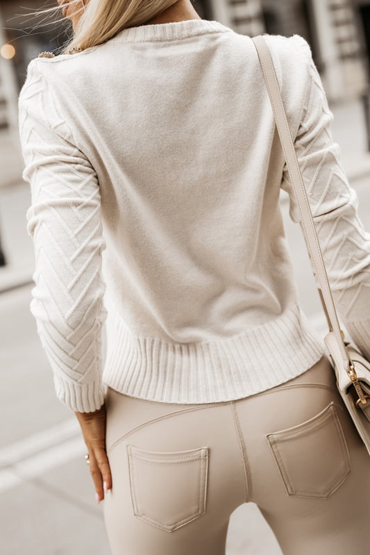 Snow White Textured Knit Button Decor Pullover Sweater Sweaters & Cardigans JT's Designer Fashion