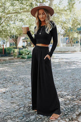 Black Solid Color Ribbed Crop Top Long Pants Set Bottoms JT's Designer Fashion