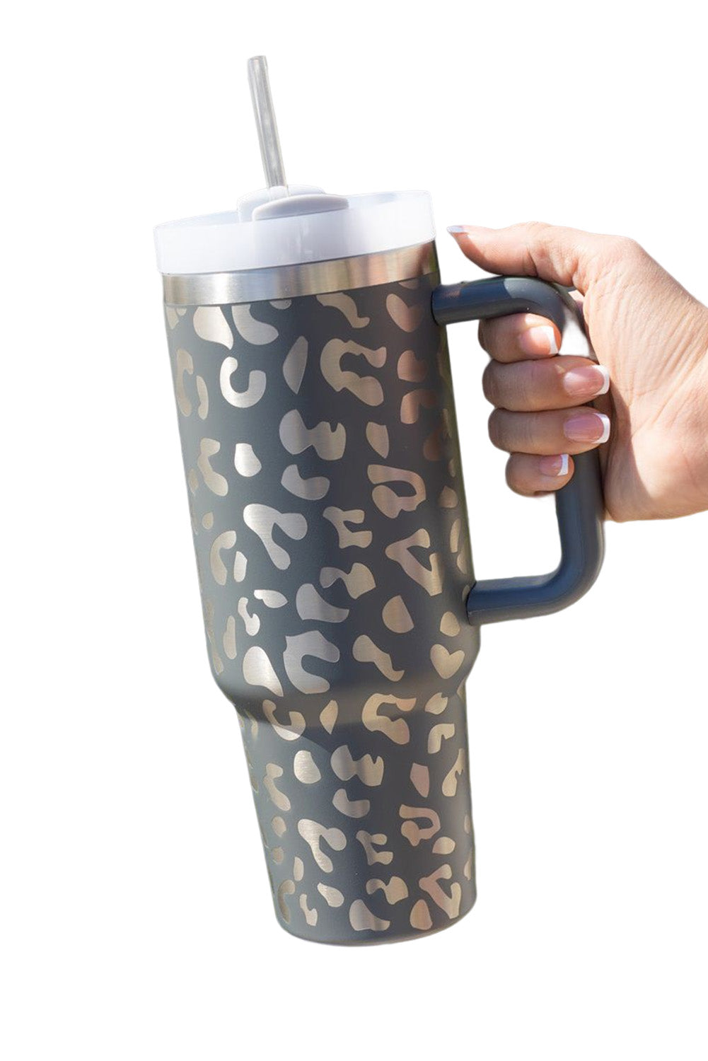 Gray Leopard Print 40OZ Stainless Steel Portable Cup with Handle Tumblers JT's Designer Fashion