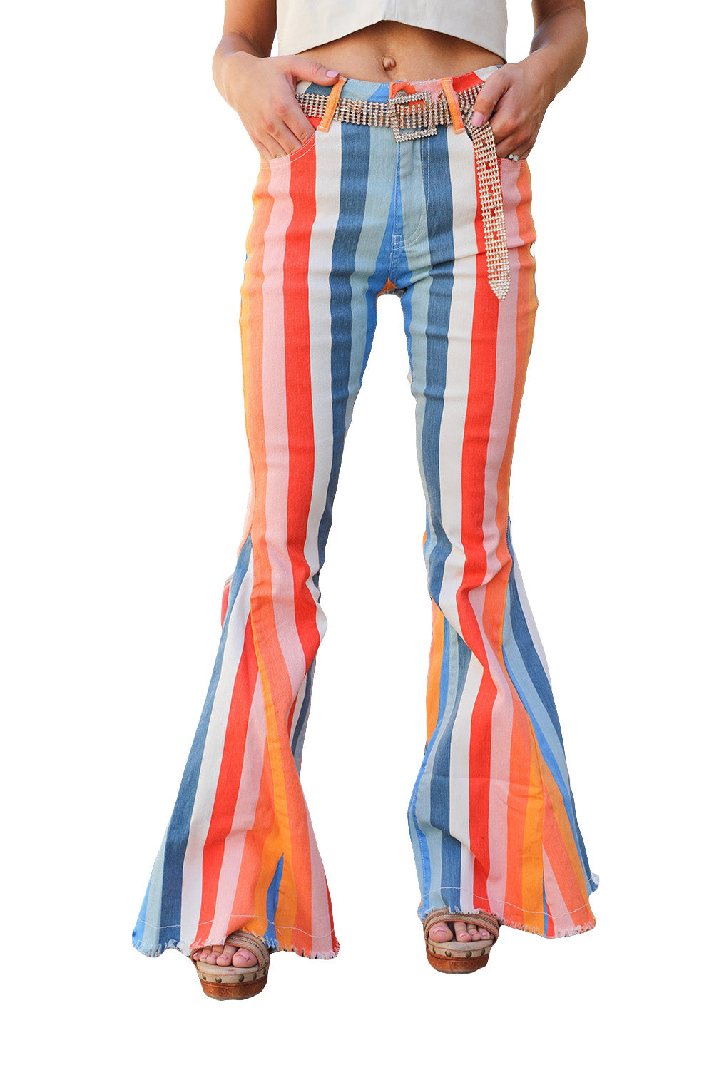 Multicolor Striped Raw Hem Flared Bottom Denim Pants Bottoms JT's Designer Fashion