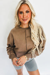 Coffee Solid Exposed Seam Pullover Sweatshirt Sweatshirts & Hoodies JT's Designer Fashion