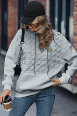 Light Grey Drop Shoulder Kangaroo Pocket Patchwork Quilted Hoodie Sweatshirts & Hoodies JT's Designer Fashion