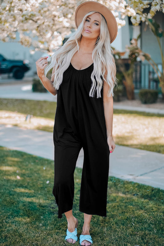 Black Spaghetti Straps Wide Leg Pocketed Jumpsuits Black 95%Polyester+5%Spandex Jumpsuits & Rompers JT's Designer Fashion