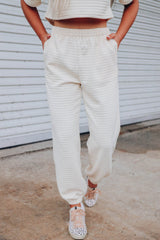 White Lattice Textured Cropped Tee and Jogger Pants Set Bottoms JT's Designer Fashion