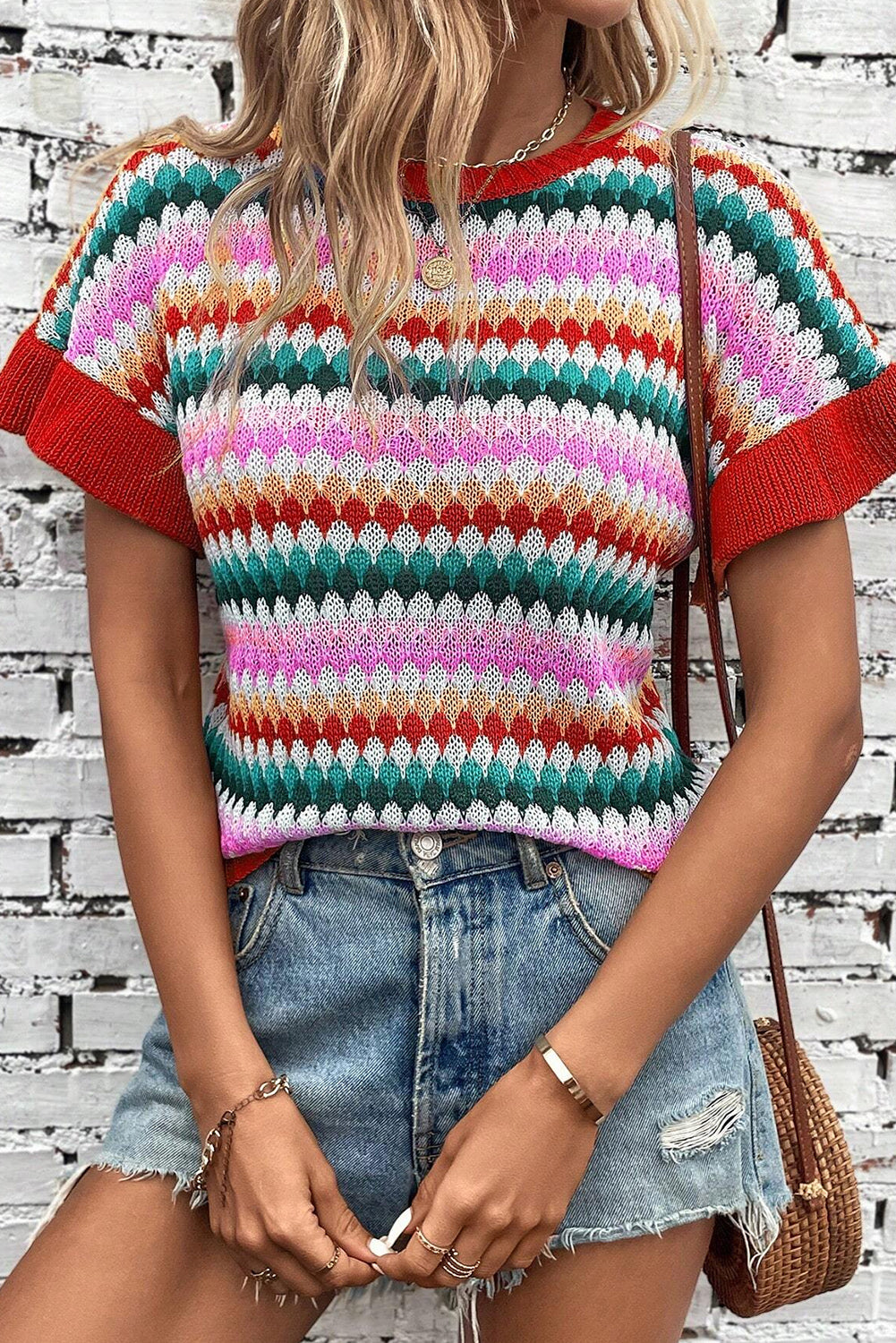 Fiery Red Trimmed Ruffle Sleeve Colorful Textured Sweater Sweaters & Cardigans JT's Designer Fashion