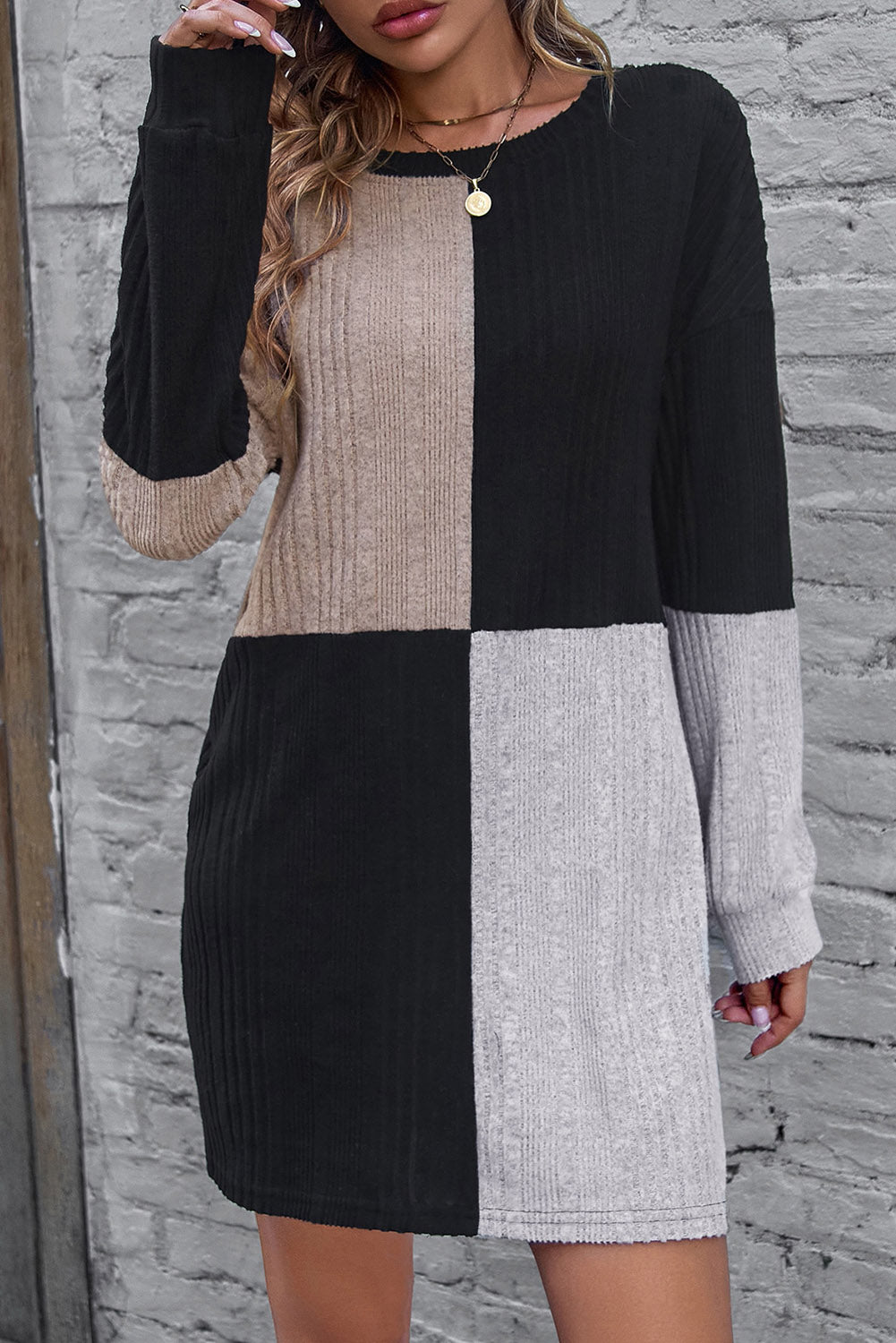 Black Ribbed Color Block Drop Shoulder Mini Dress Dresses JT's Designer Fashion