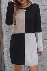 Black Ribbed Color Block Drop Shoulder Mini Dress Dresses JT's Designer Fashion