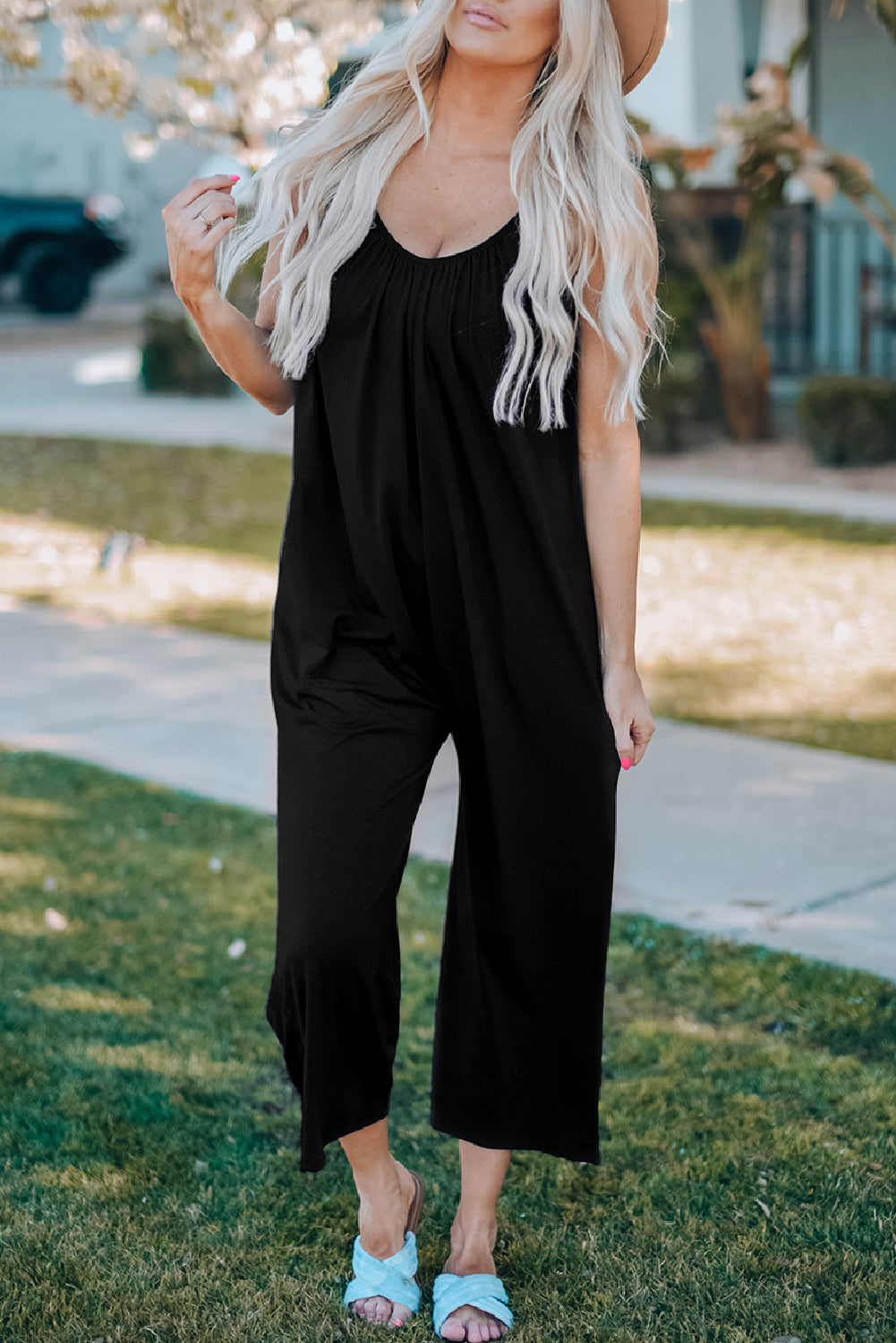Black Spaghetti Straps Wide Leg Pocketed Jumpsuits Jumpsuits & Rompers JT's Designer Fashion
