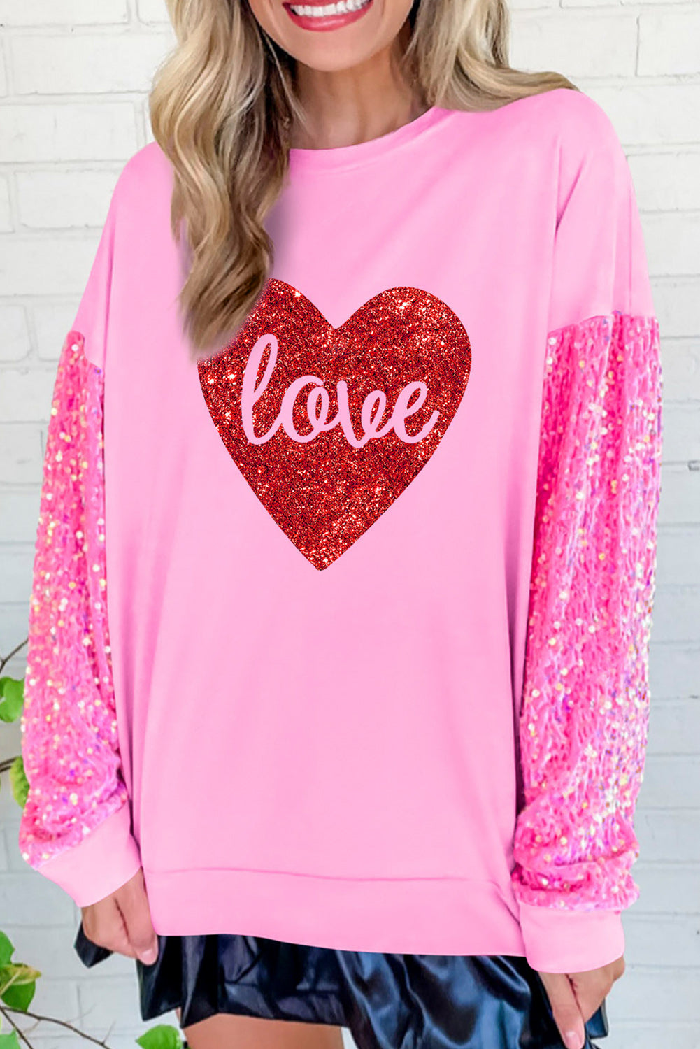 Pink Shiny Heart Shape love Print Sequined Sleeve Top Graphic Sweatshirts JT's Designer Fashion