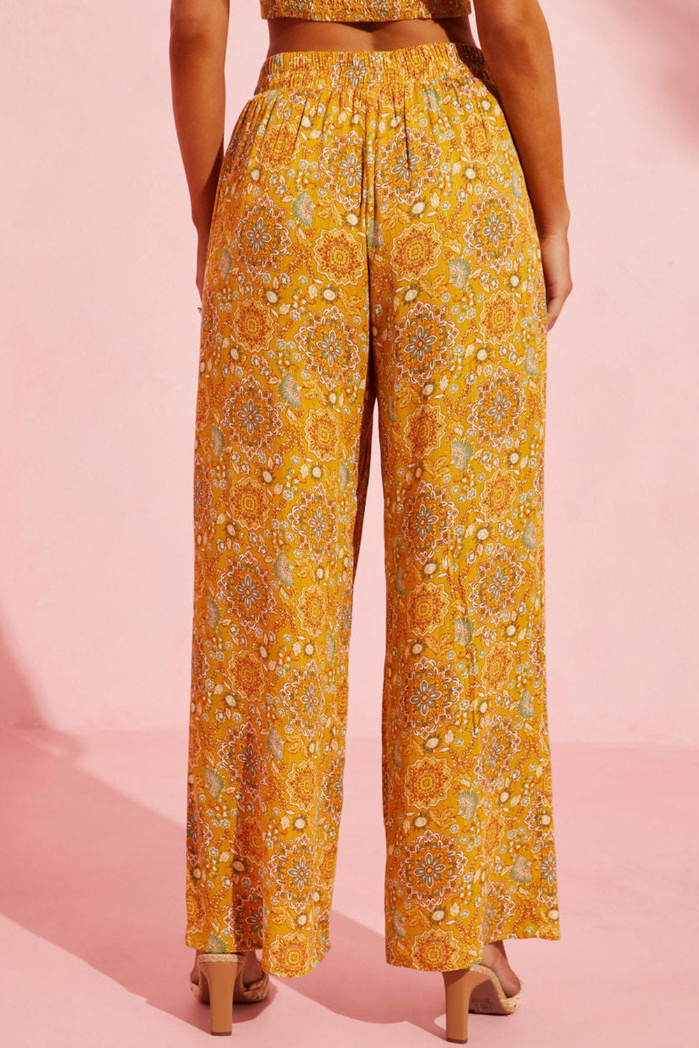 Yellow Bohemian Print Pocketed Wide Leg Pants Bottoms JT's Designer Fashion