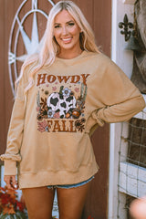 Khaki HOWDY FALL Pumpkin Print Split Hem Sweatshirt Khaki 75%Polyester+25%Cotton Graphic Sweatshirts JT's Designer Fashion