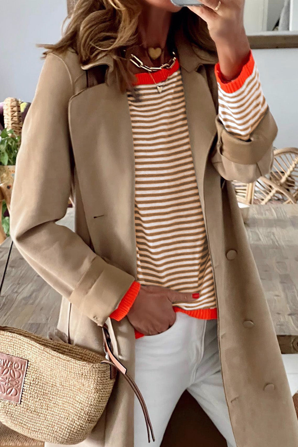 Brown Contrast Trimmed Striped Drop Shoulder Sweater Sweaters & Cardigans JT's Designer Fashion