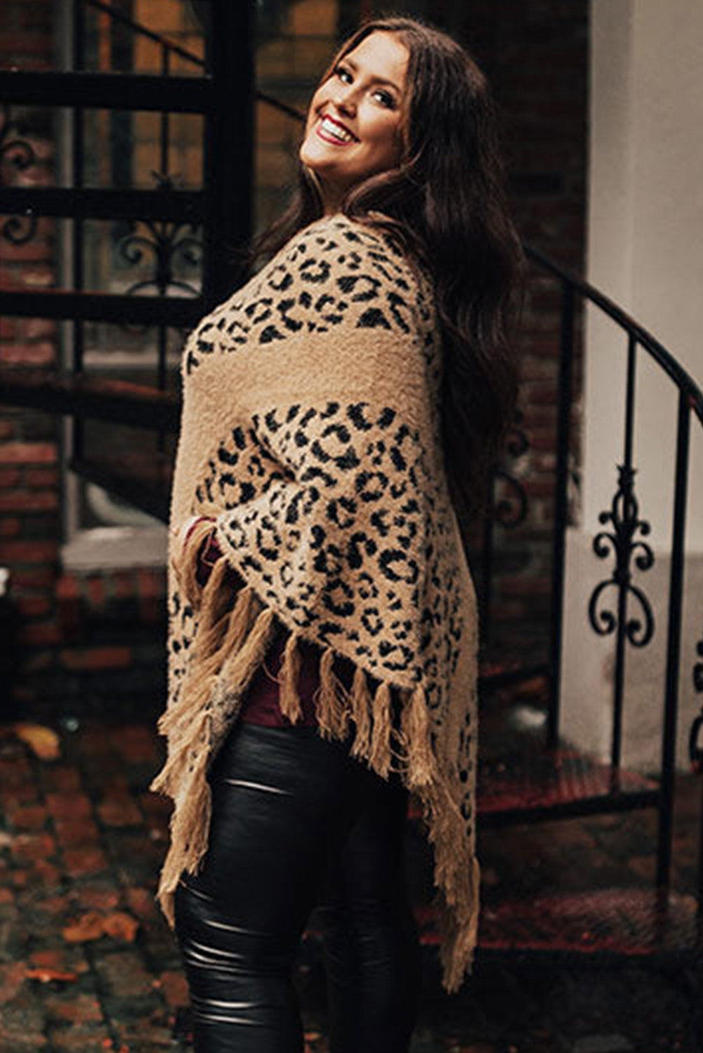 Leopard Plus Size Tasseled Hem Draped Poncho Plus Size JT's Designer Fashion
